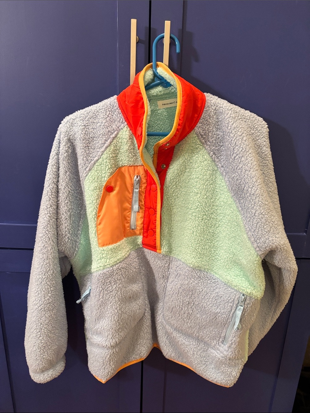 Colorblock Sherpa Pullover Jacket in Light Blue, Mint & Orange